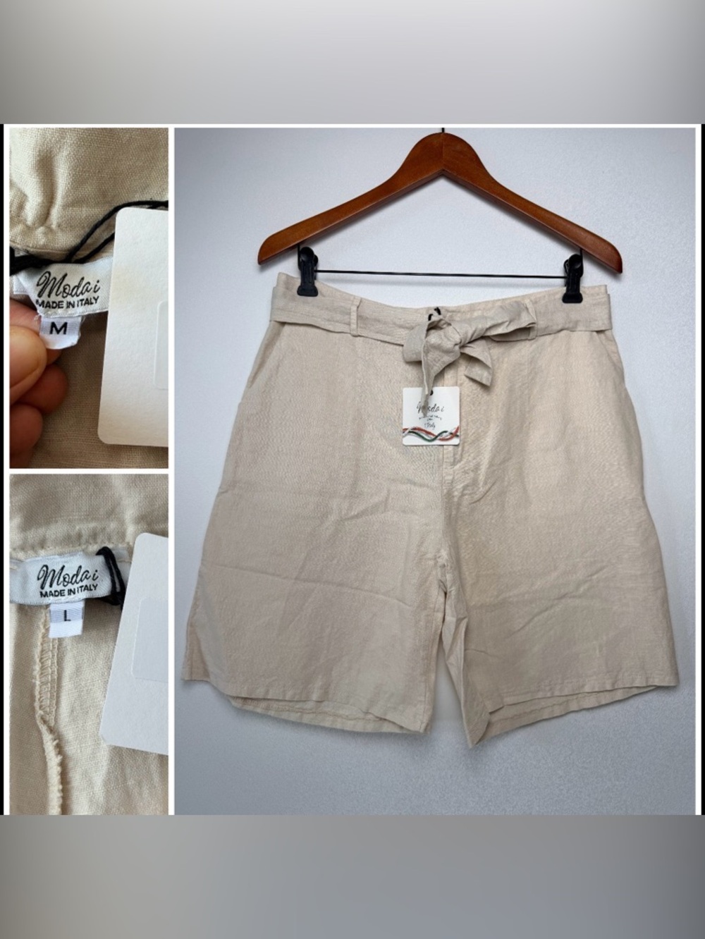 Modai Beige Linen Bland Shorts with belt Women Made in Italy  Comfy